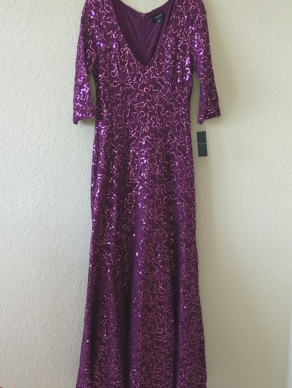 Tahari ASL Wine Color Sequin V-Neck Maxi Dress
